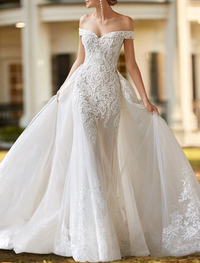 Two-piece off-the-shoulder satin wedding dress with cap sleeves, beading appliques, and court train in ivory
