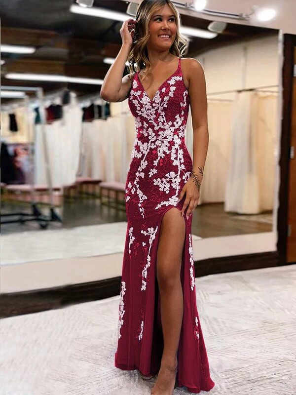 Tulle applique sleeveless V-neck sheath prom dress featuring sweep train