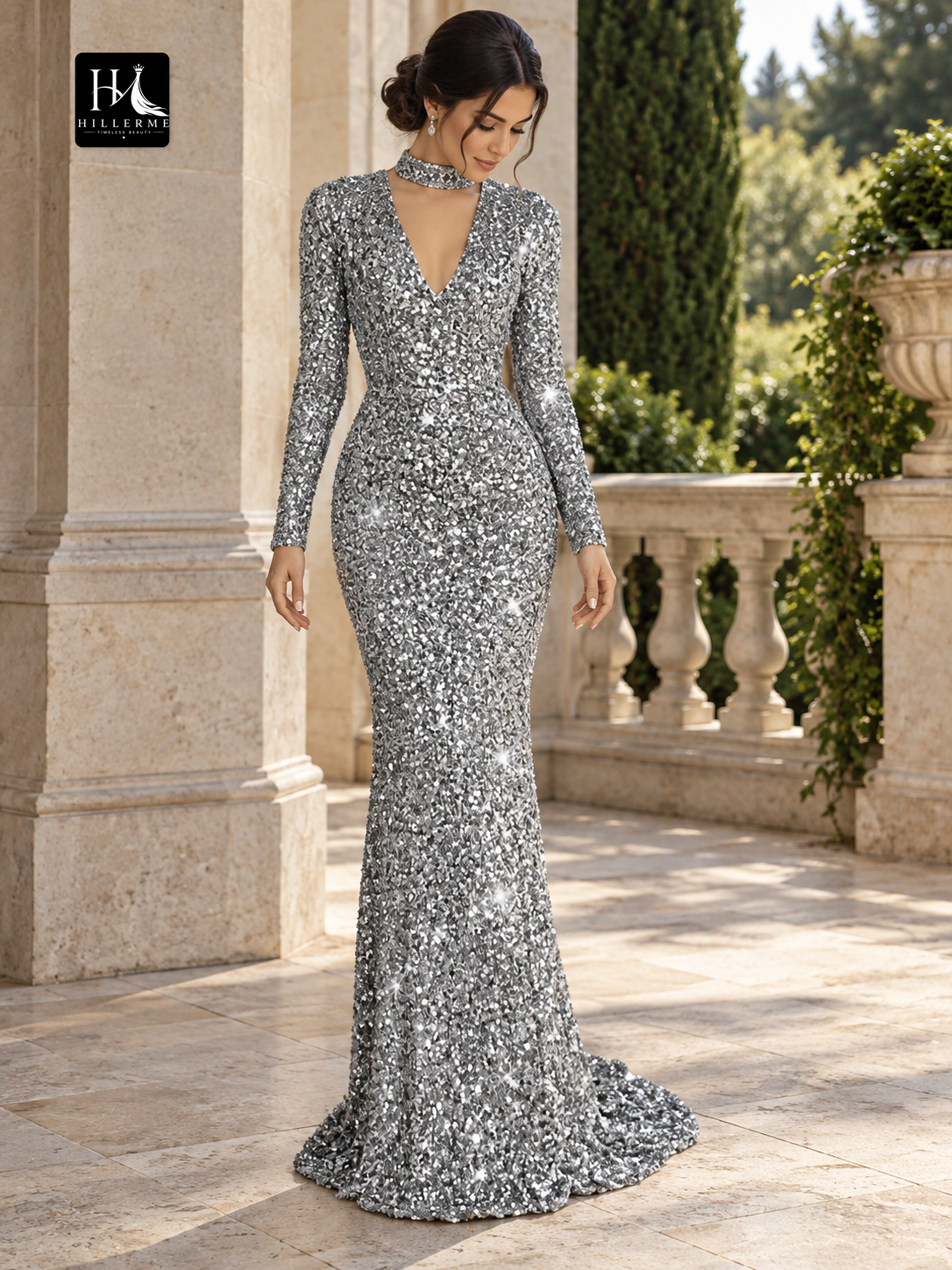 Ruched V-Neck Long Sleeve Sheath Prom Dress with Sweep Train