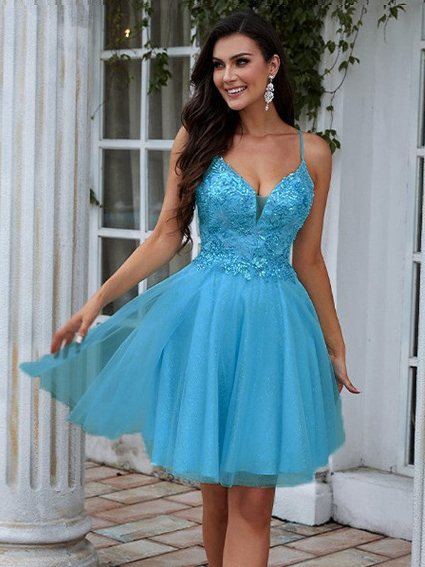 V-neck sleeveless short mini prom dress with A-line skirt and appliques