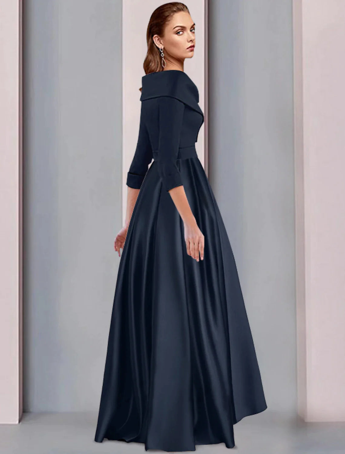 High-low tea-length satin mother of the bride dress with spaghetti straps and pleats