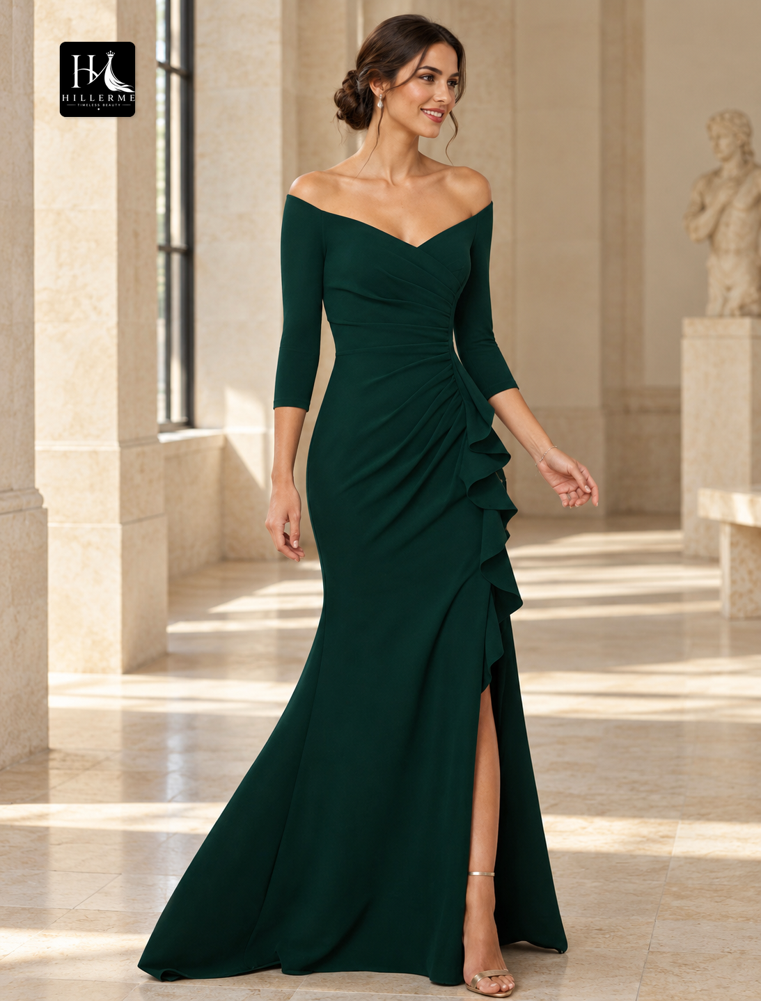 Off-the-Shoulder V-Neck Mermaid Mother of the Bride Dress with 3/4 Sleeves and Split Front