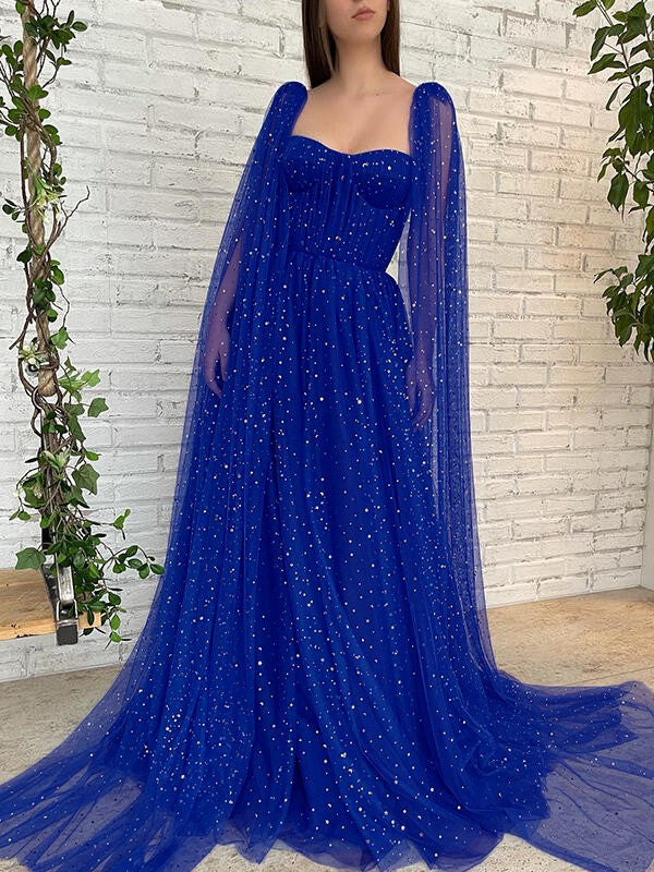 A-line prom dress with square neckline, long sleeves, ruffles, and sweep train