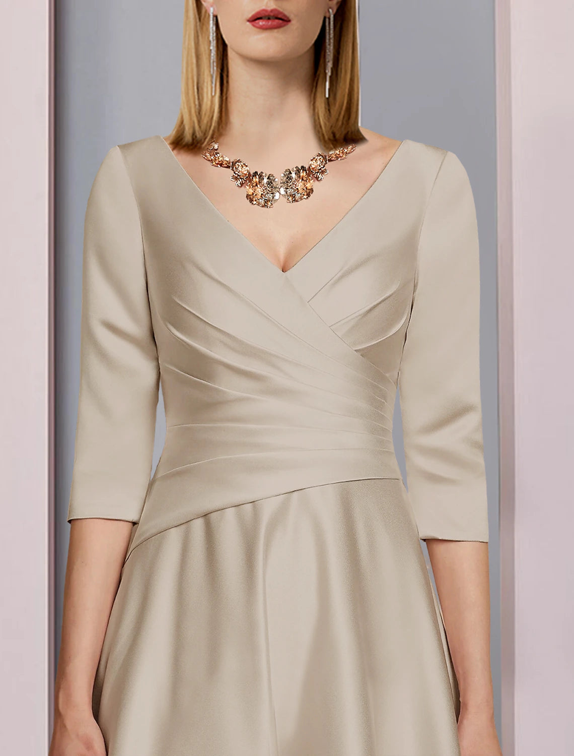 Tea-length A-line satin mother of the bride dress with V-neckline