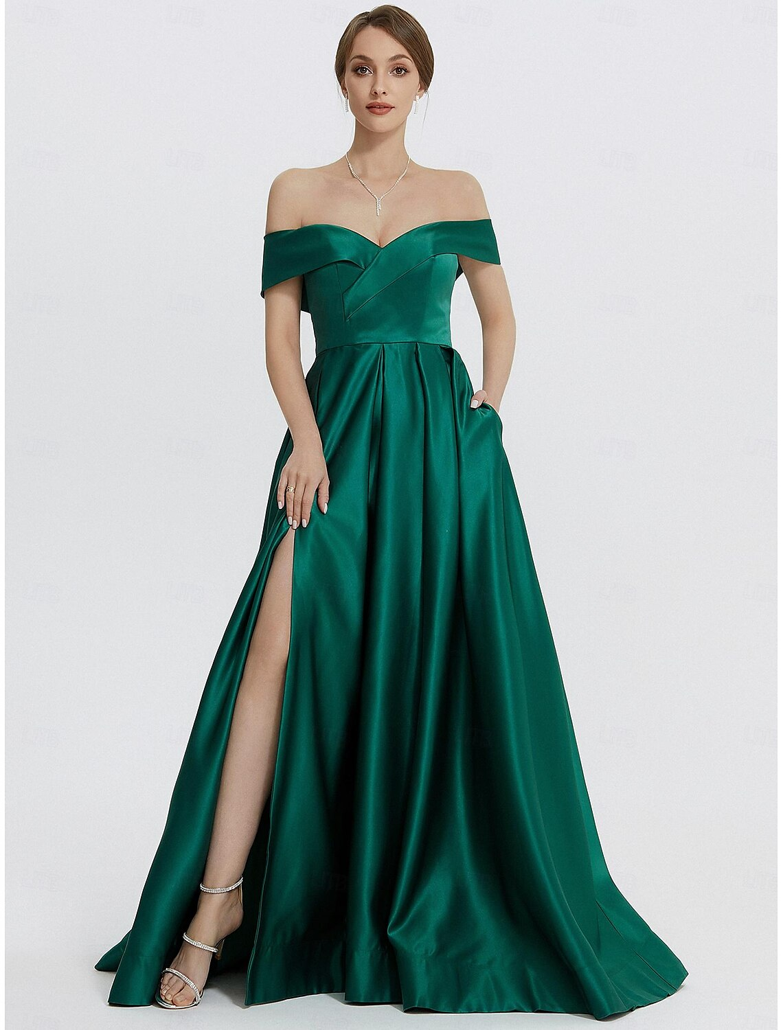 Dark green A-line satin floor-length evening gown with sweetheart neckline and slit