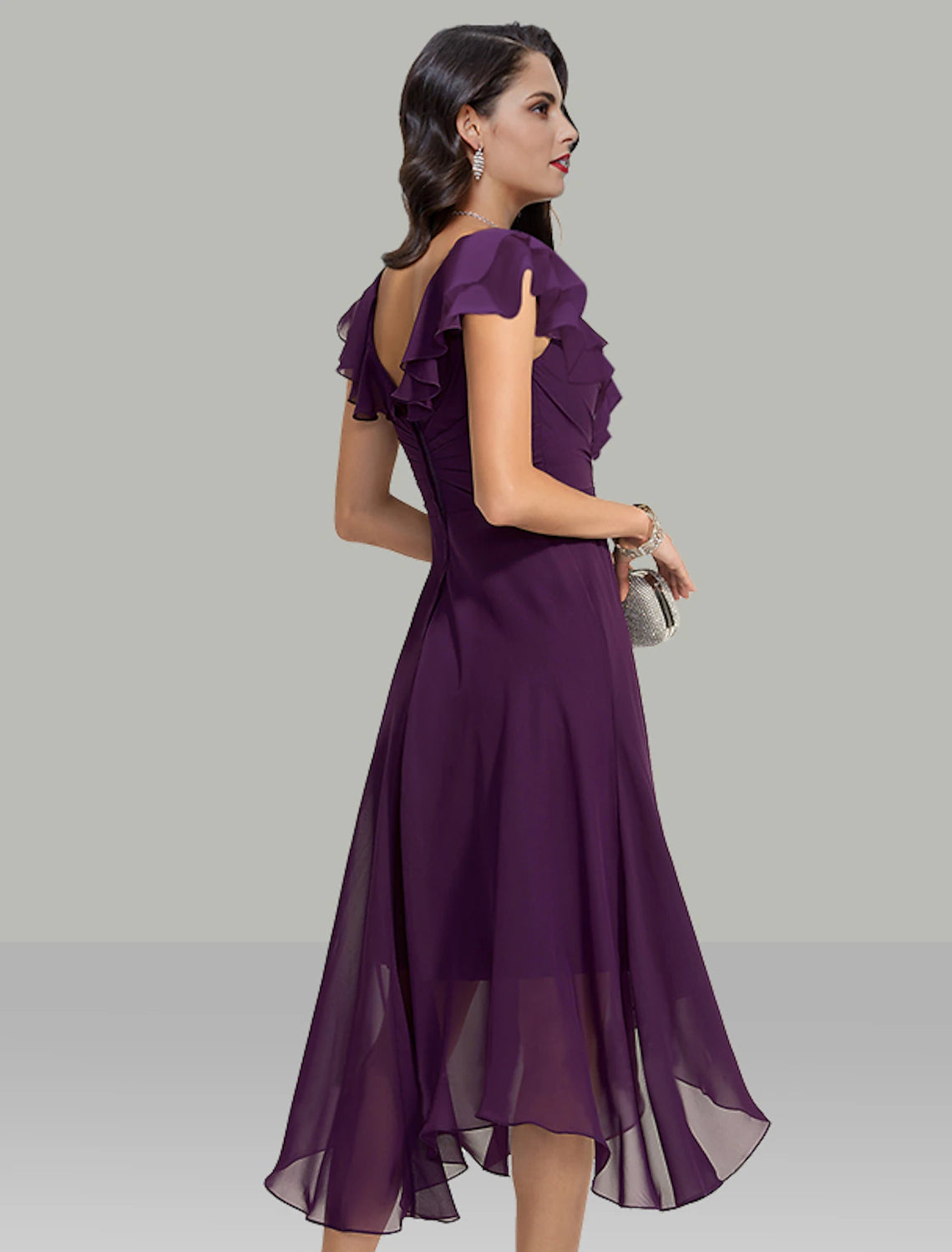 Tea-length A-line chiffon cocktail party dress with short sleeves and rhinestone detailing in Grape