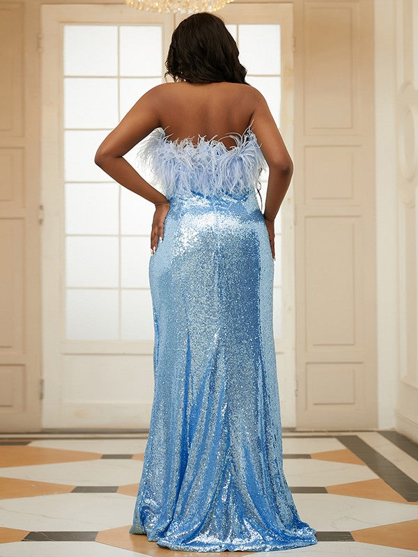 Sequins and feathers strapless sleeveless sheath prom dress