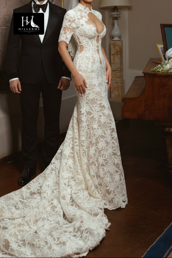 Illusion Lace Trumpet Wedding Dress with Chapel Train