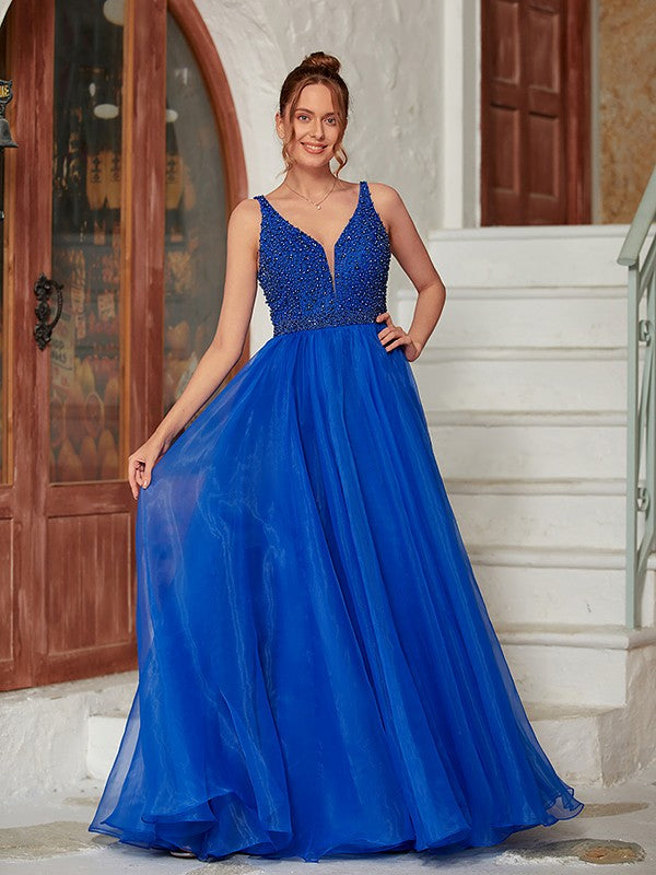 A-line sleeveless organza floor-length prom dress with beaded V-neck