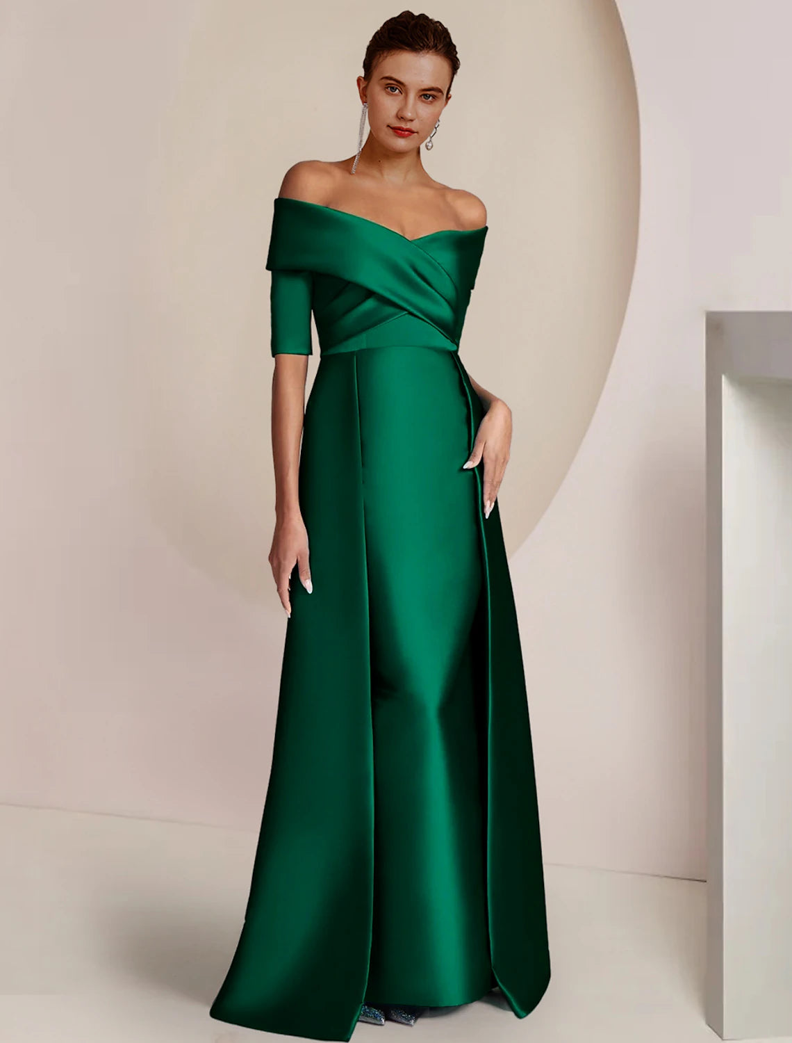 Dark Green off-shoulder half-sleeve ruched satin sheath mother of the bride dress