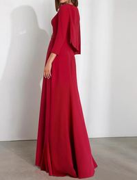 Floor length ruched stretch chiffon column wedding guest dress in burgundy with long sleeves