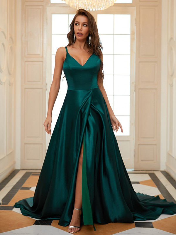 V-neck sleeveless A-line elastic woven satin prom dress with court train
