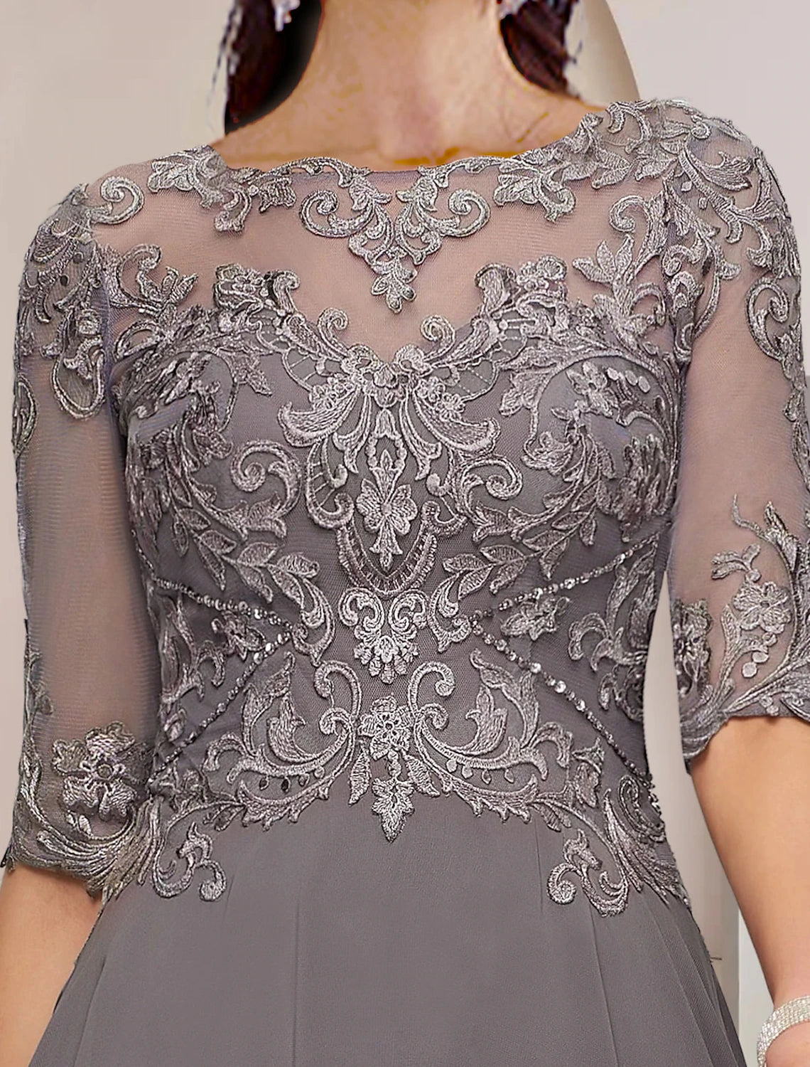 Scoop neck asymmetrical tea-length chiffon mother of the bride dress with half sleeves