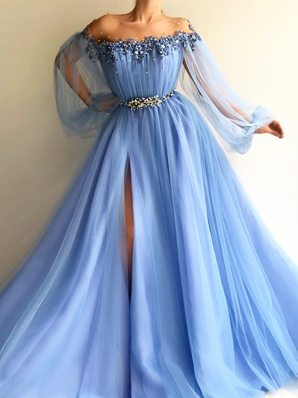 Off-the-shoulder long sleeve beaded tulle A-line floor-length prom dress