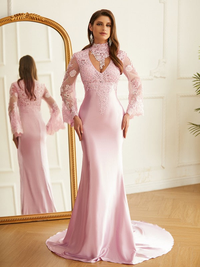 High neck long sleeve lace and silk-like satin sheath prom dress with sweep train