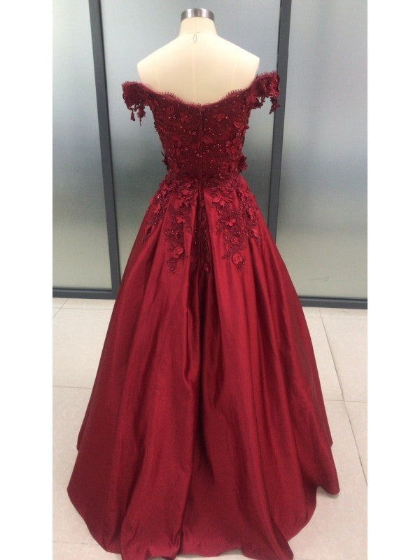 Full-length burgundy sleeveless off-the-shoulder applique satin ball gown prom dress