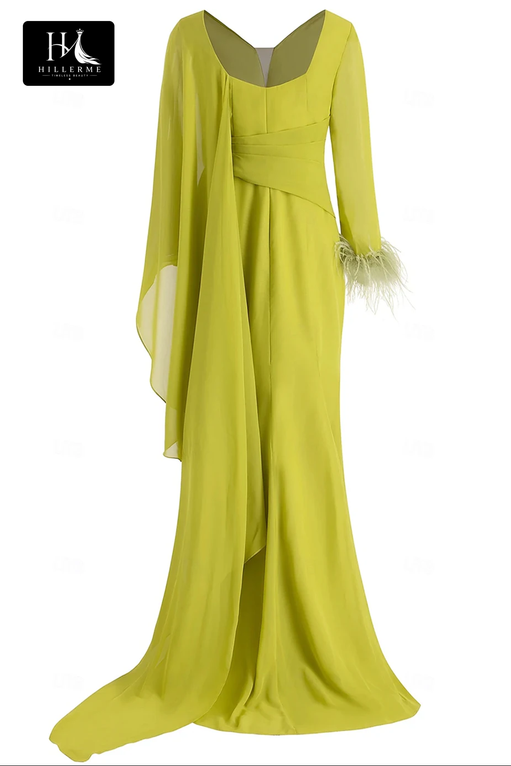 V-Neck Long-Sleeve Chiffon Mermaid Floor-Length Mother of the Bride Gown with Pleated Skirt