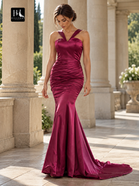 Halter Sleeveless Ruched Silk-Like Satin Sheath Prom Dress with Sweep Train