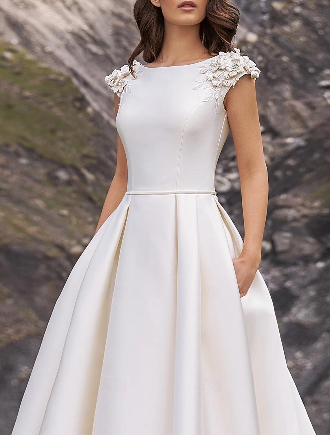 Chapel train satin ball gown wedding dress with appliques in white