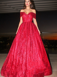 Off-the-shoulder sleeveless red ball gown prom dress with ruffles
