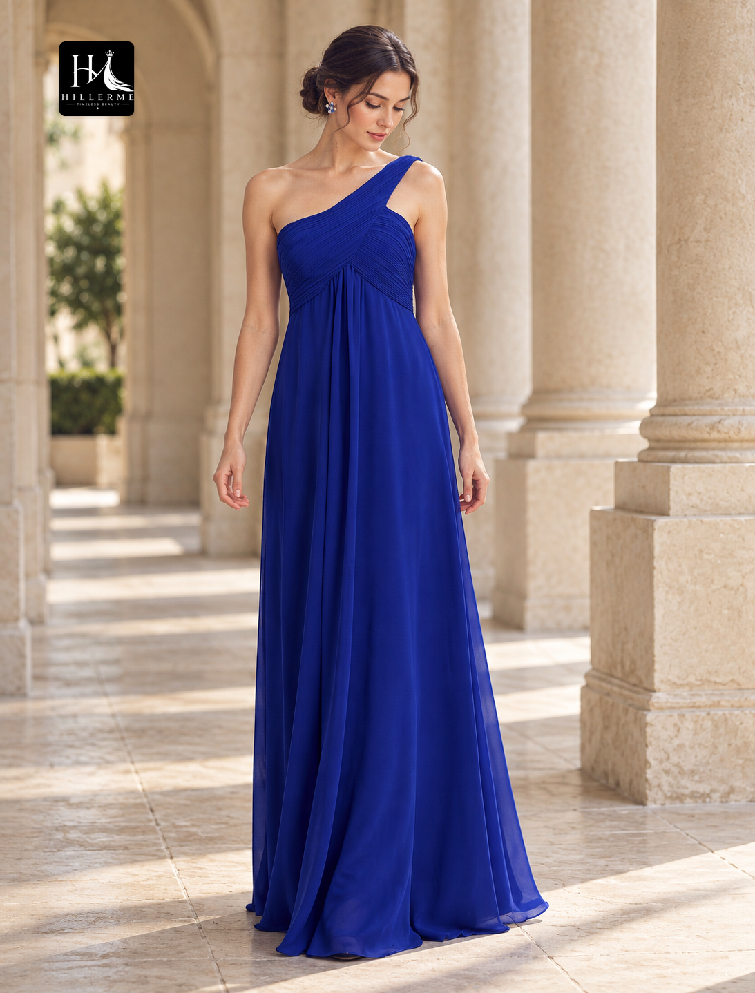 One-Shoulder Pleated Chiffon A-Line Floor-Length Evening Gown