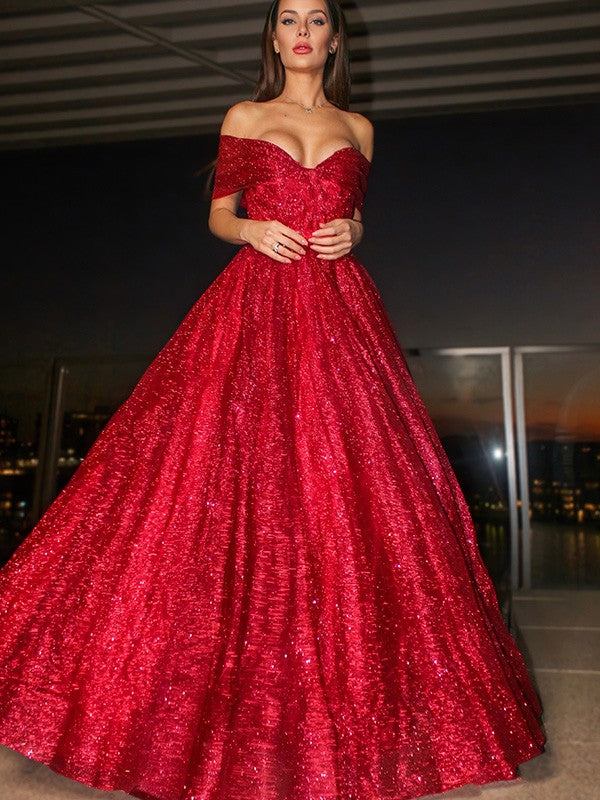 Floor-length red ball gown dress with sleeveless off-the-shoulder design and ruffles