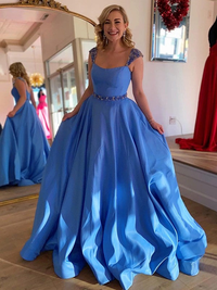 A-line satin prom dress with beading straps and sweep train