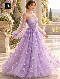 A-Line Long Sleeve V-Neck Floral Applique Tulle Floor-Length Prom Dress