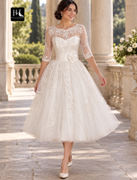 Vintage Simple A-Line V-Neck Cap Sleeve Tea-Length Lace Wedding Dress