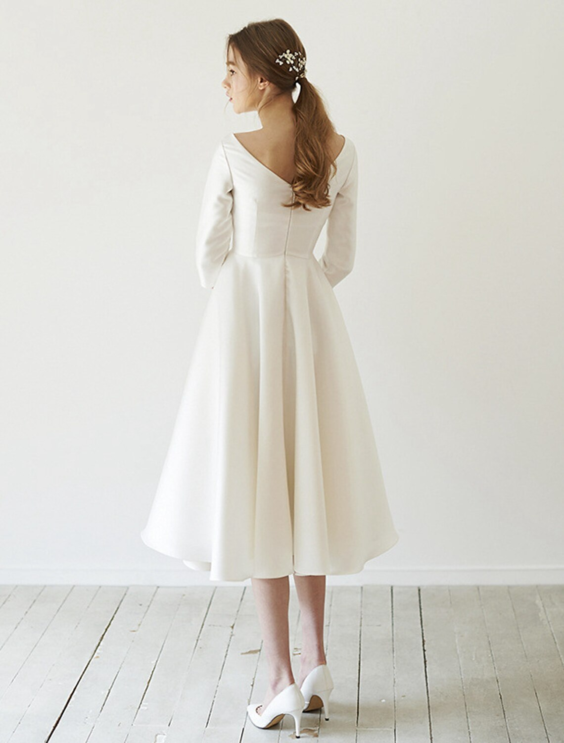 Simple vintage bridal shower wedding dress featuring A-line silhouette
