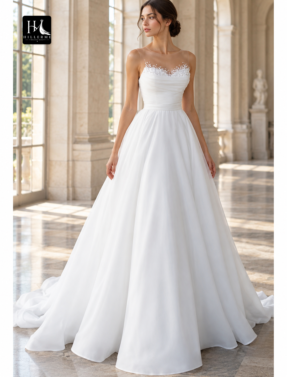 A-Line Boat Neck Sleeveless Tulle Wedding Dress with Sweep Train