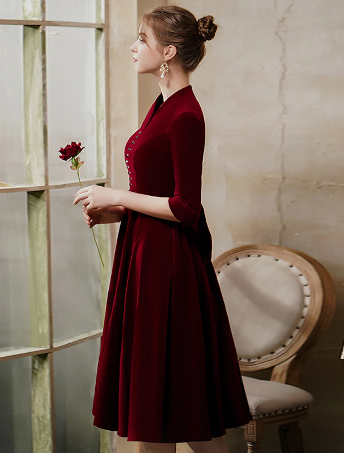 Tea-length A-line velvet cocktail dress shown in Burgundy