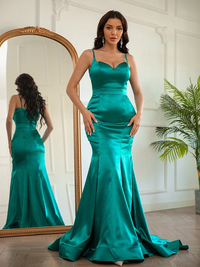 Ruched sleeveless V-neck sheath dress crafted in elastic woven satin with brush train