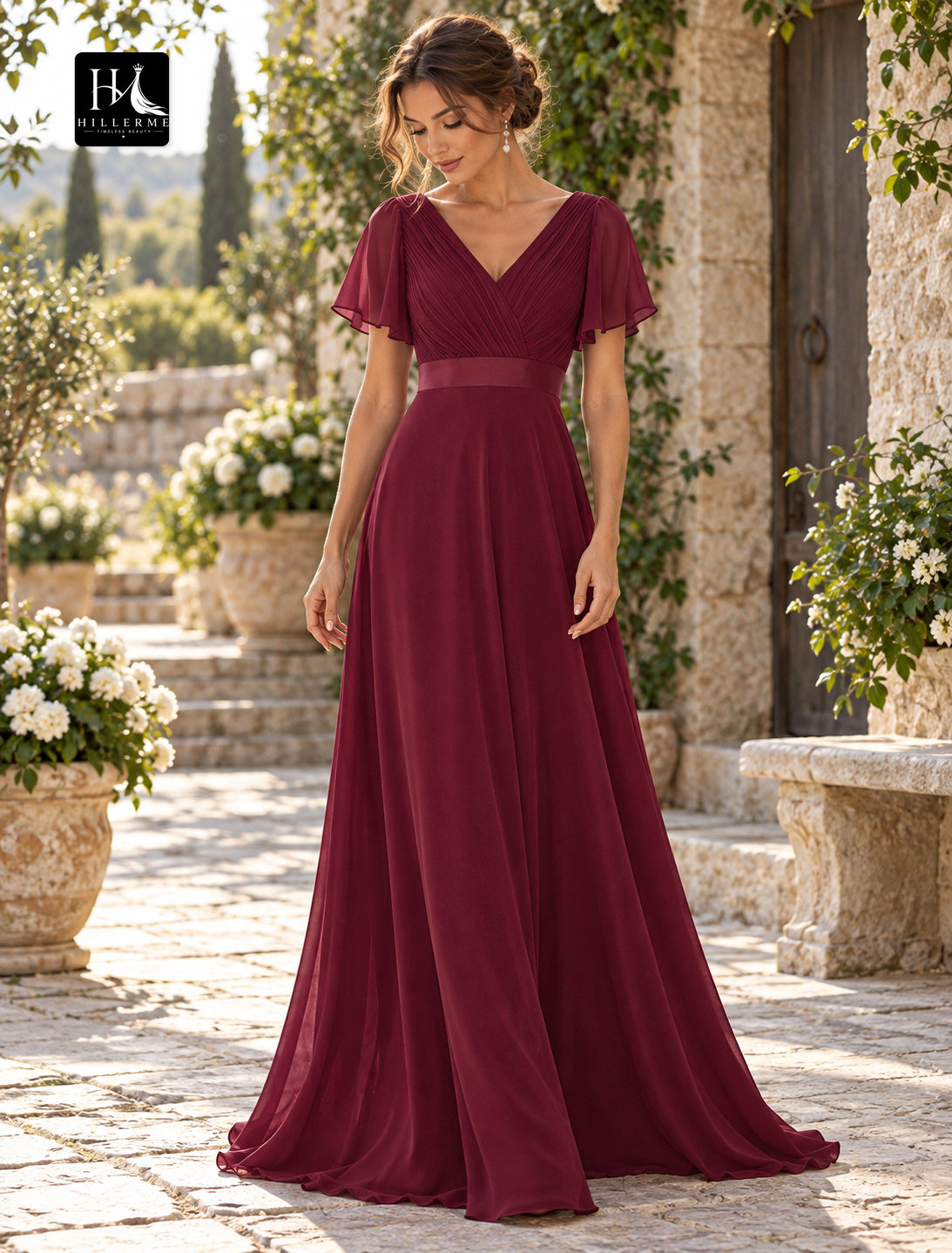 A-Line Short Sleeve V-Neck Chiffon Floor-Length Evening Dress with Ruffled V-Back
