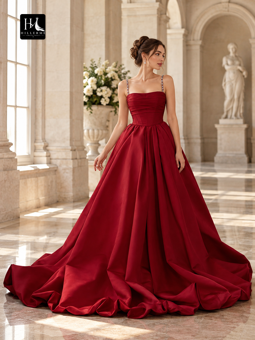 Ruched Satin Sheath Prom Dress with Spaghetti Straps and Chapel Train