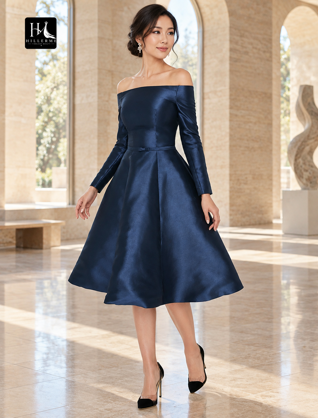 Off-Shoulder Long Sleeve Pleated Satin Knee-Length A-Line Cocktail Dress