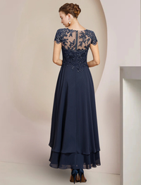 Scoop neck short sleeve chiffon mother of the bride dress with sequin lace appliques