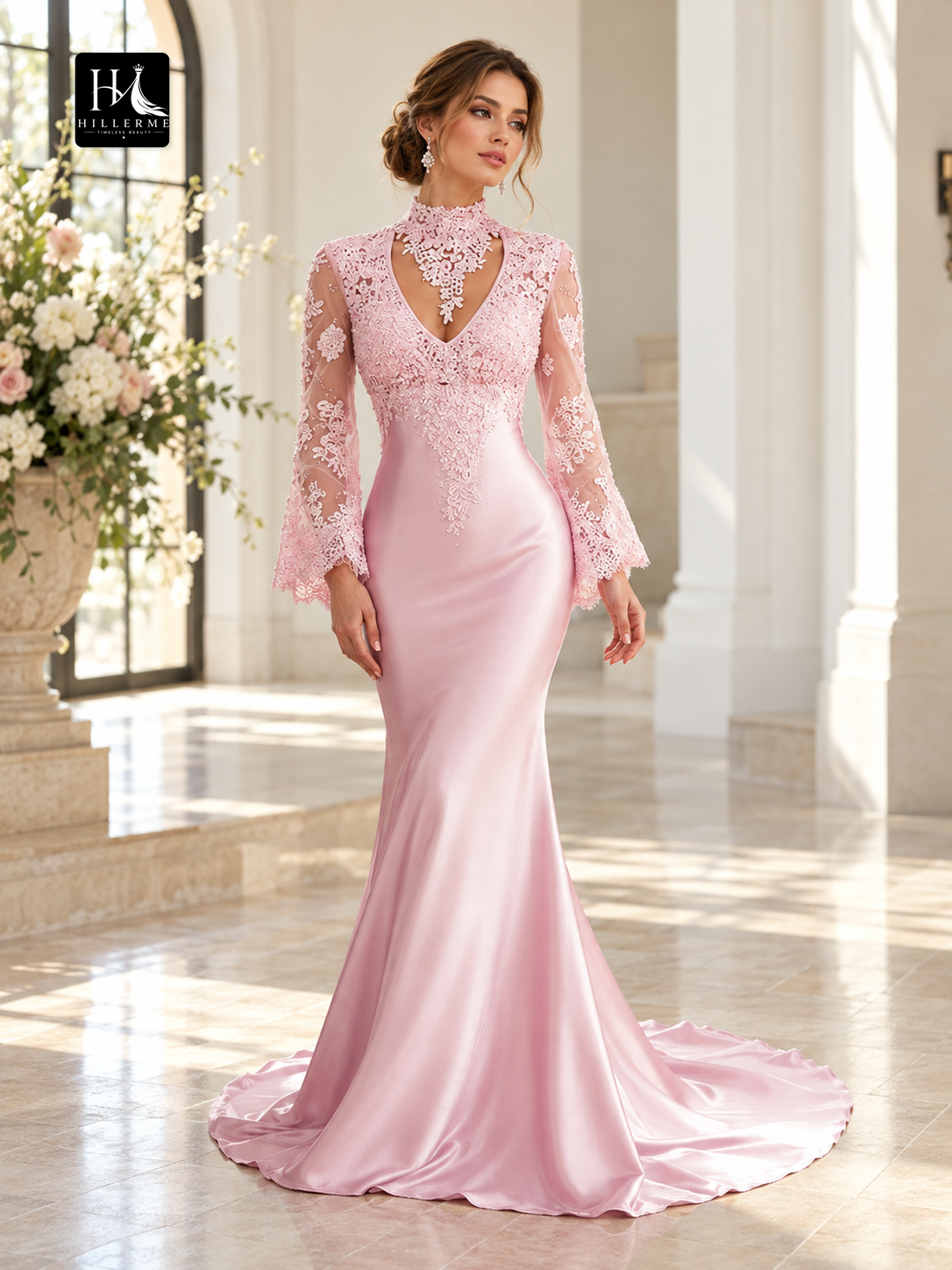 High Neck Long Sleeve Lace and Silk-Like Satin Sheath Prom Dress with Sweep Train