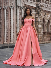 Front view of off-the-shoulder A-line satin prom dress with ruffles