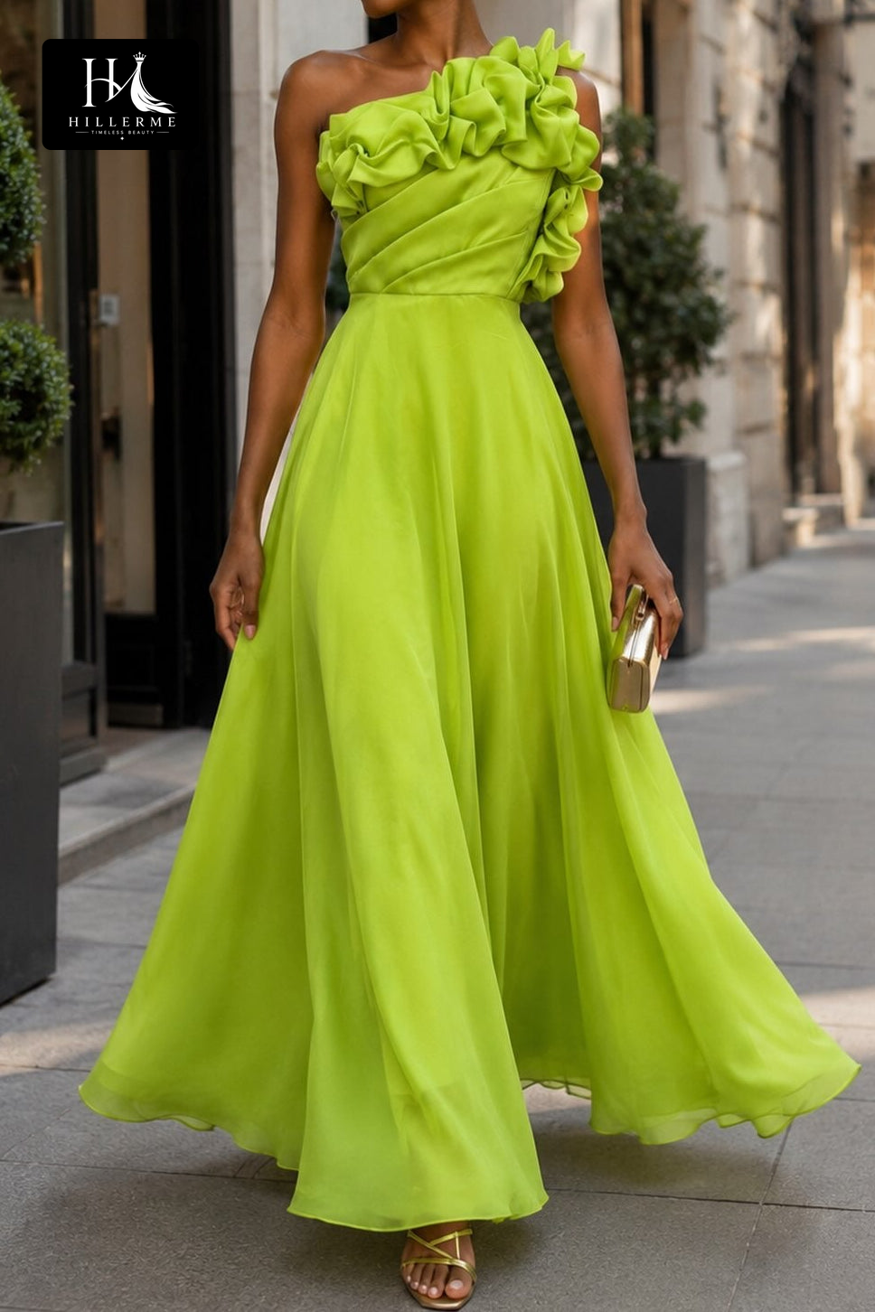 One Shoulder A-Line Evening Gown with 3D Ruffle Detailing