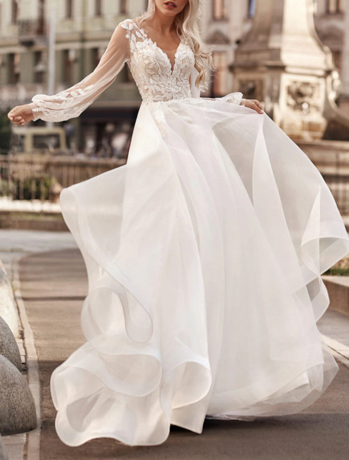 A-line V-neck long sleeve lace applique wedding dress in Ivory