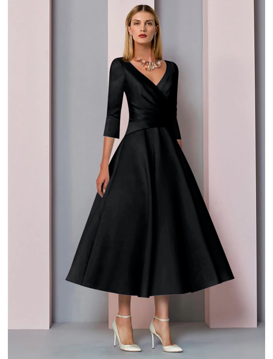 A-line satin tea-length dress with V-neck and pleats