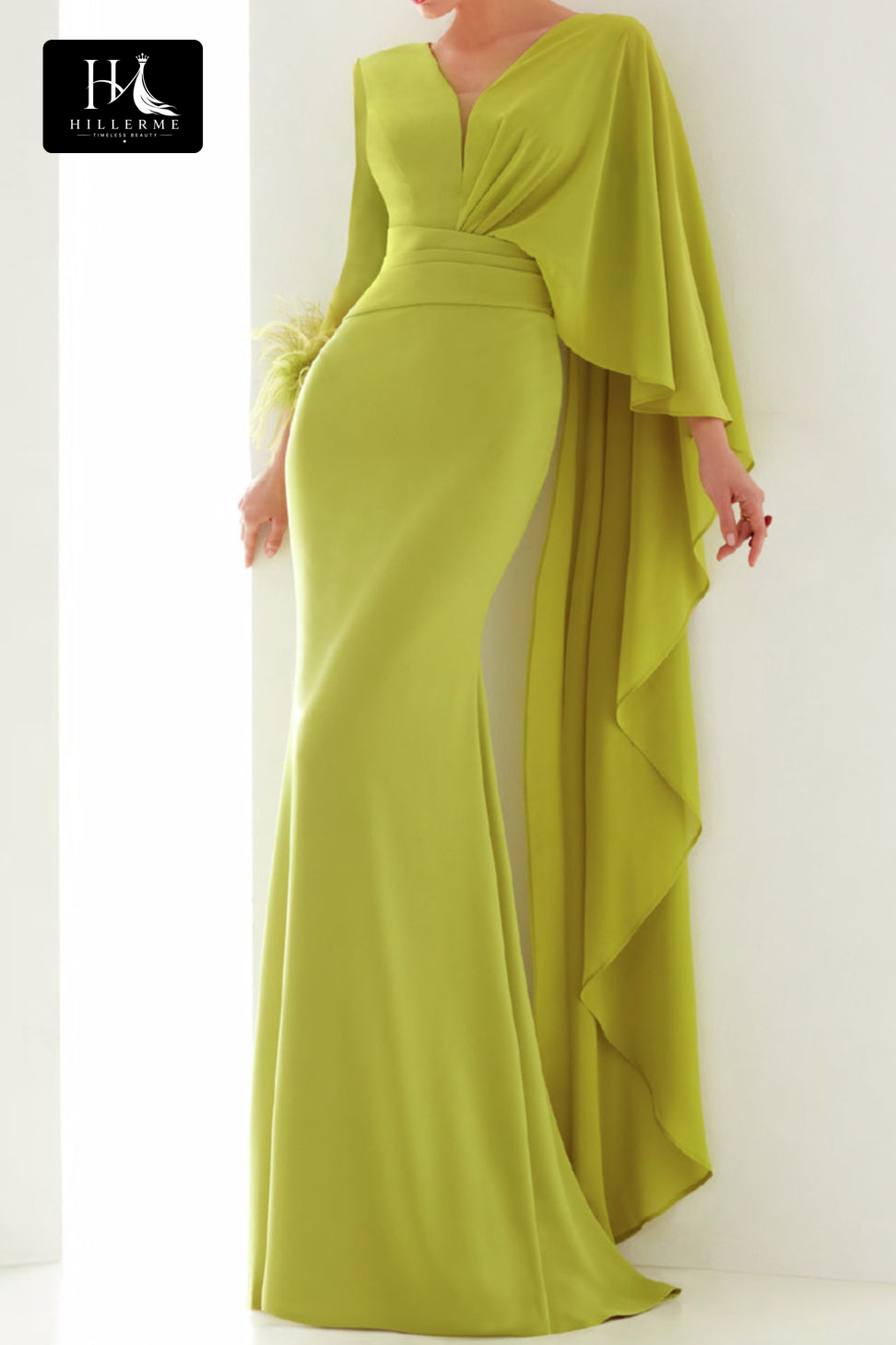 V-Neck Long-Sleeve Chiffon Mermaid Floor-Length Mother of the Bride Gown with Pleated Skirt
