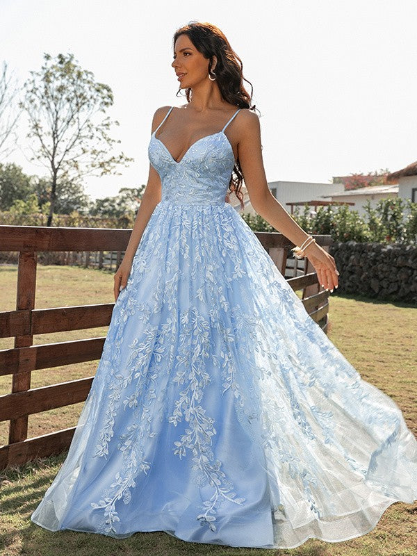 V-neck sleeveless lace prom dress with sweeping train and ruffles