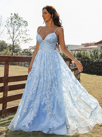 V-neck sleeveless lace prom dress with sweeping train and ruffles