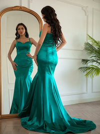 Ruched sheath prom dress with V-neckline and sweep brush train in elastic woven satin