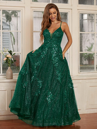 A-line sleeveless floor-length prom dress with lace appliques and V-neck