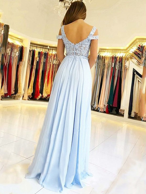 Off-the-shoulder floor-length A-line chiffon dress with applique detailing in Sky Blue