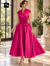 A-Line Tea-Length Sleeveless V-Neck Satin Wedding Guest Cocktail Dress with Pockets and Bow