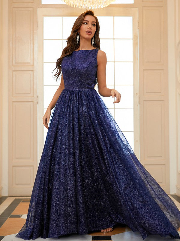 A-line sleeveless scoop prom dress with ruffles and sweep train
